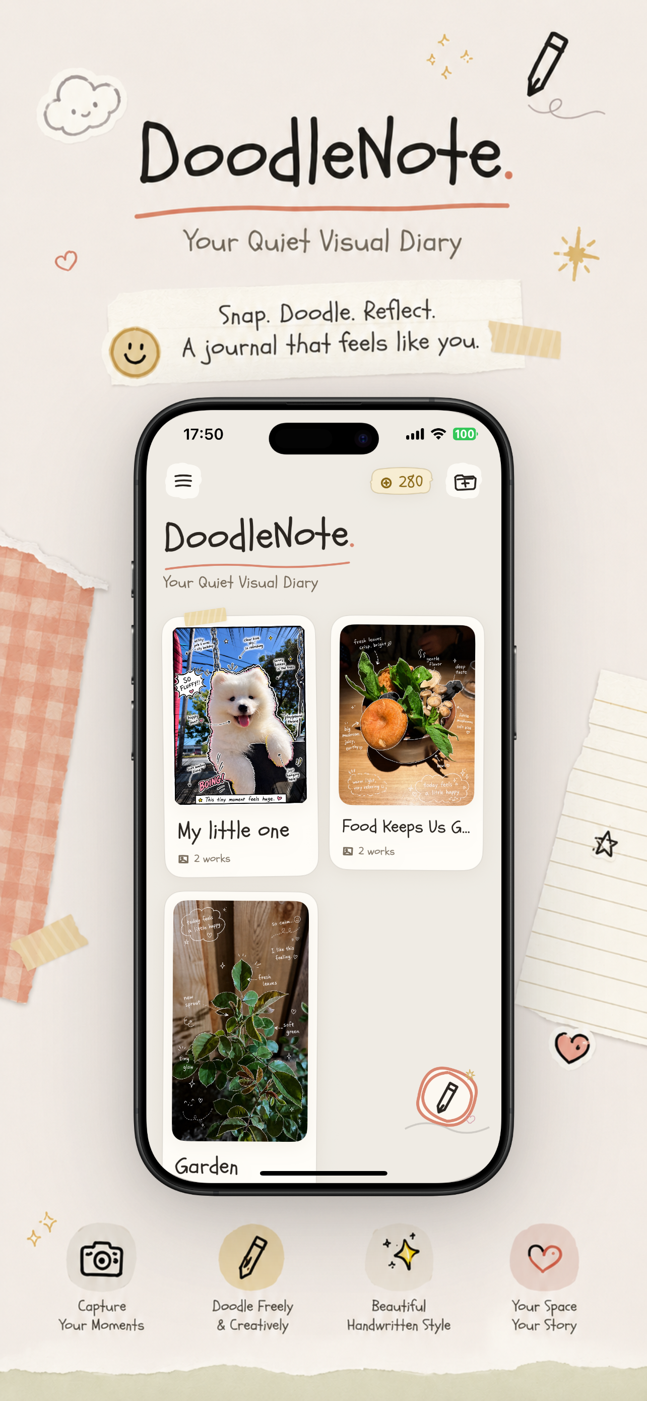 DoodleNote app preview showing a quiet visual diary interface on iPhone